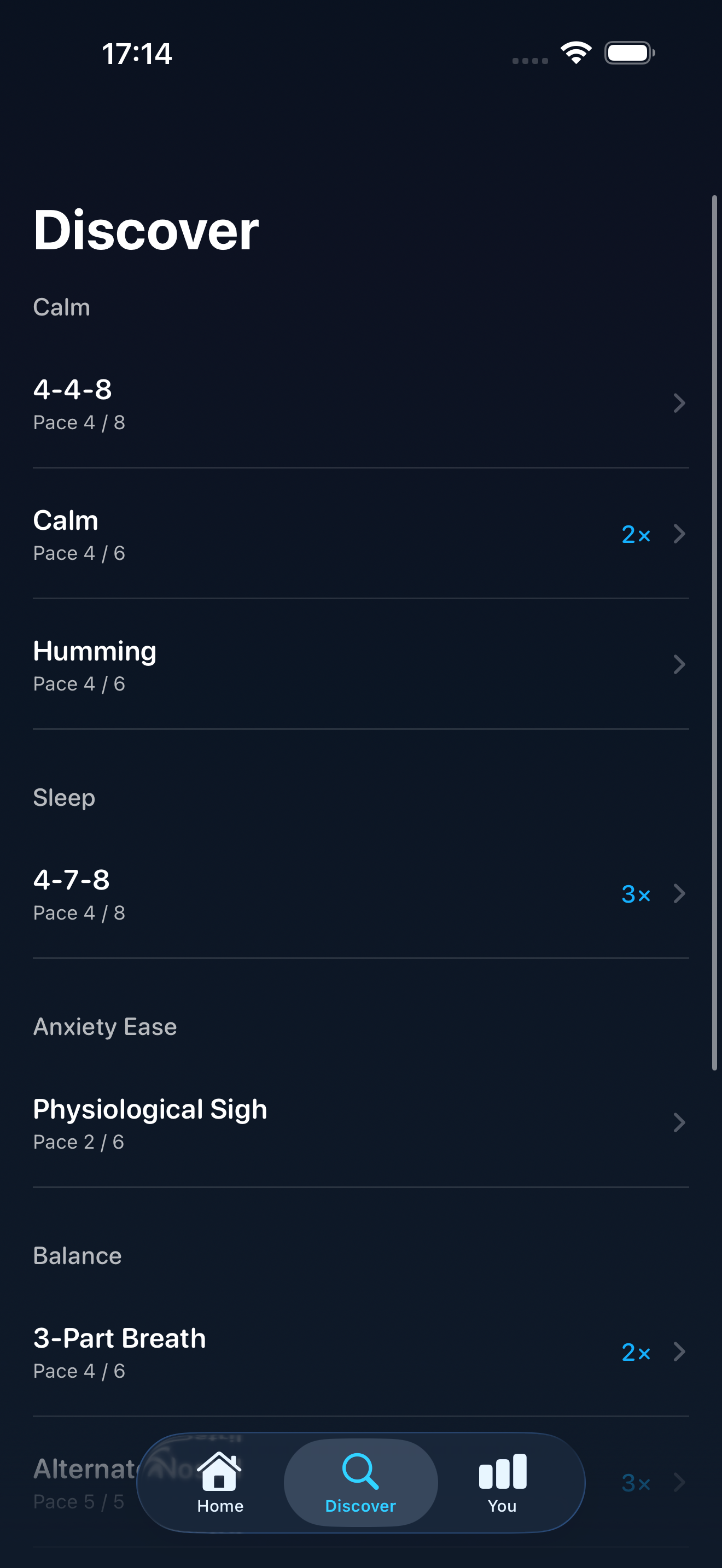 The Discover screen listing breathing patterns grouped by Calm, Sleep, Anxiety Ease, and Balance