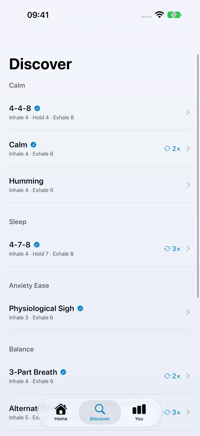 The Discover screen listing breathing patterns grouped by Calm, Sleep, Anxiety Ease, and Balance