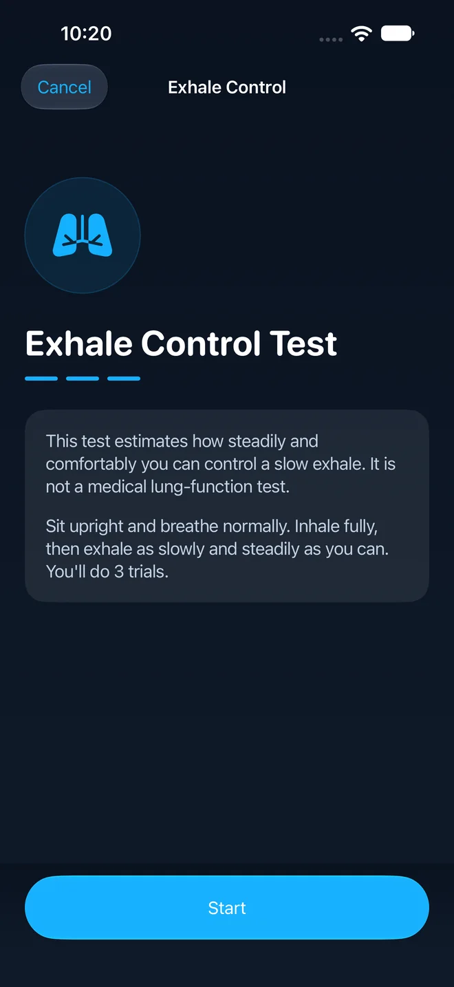 The Exhale Control Test introduction, which notes that it is not a medical lung-function test