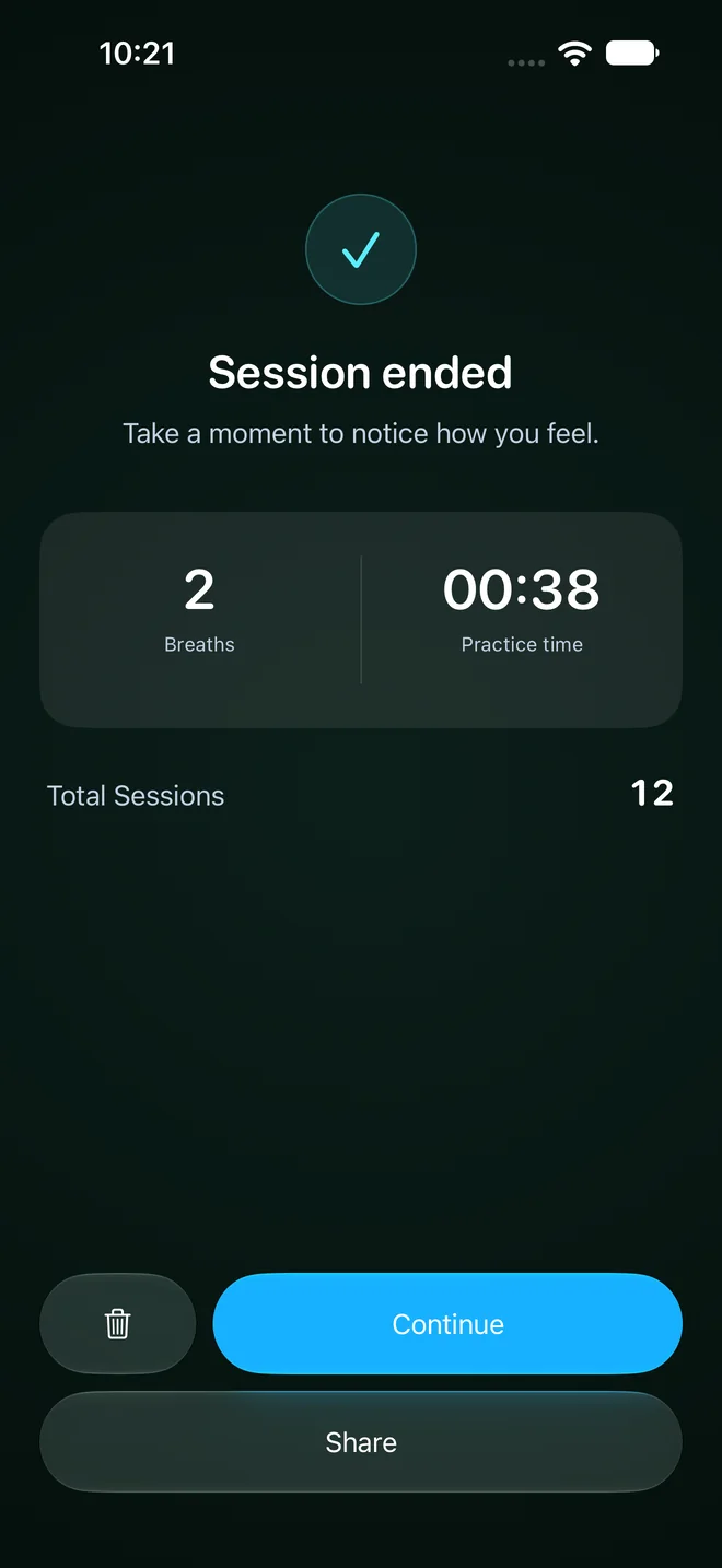 The session-ended screen showing the breaths and practice time of the session just finished, with buttons to continue or share