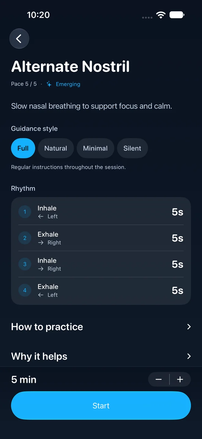 The Alternate Nostril detail screen with guidance styles, the four-step rhythm, and a Start button