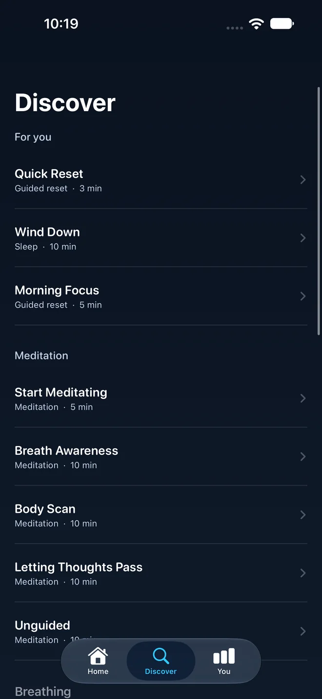 The Discover screen listing guided resets, sleep sessions, and meditations
