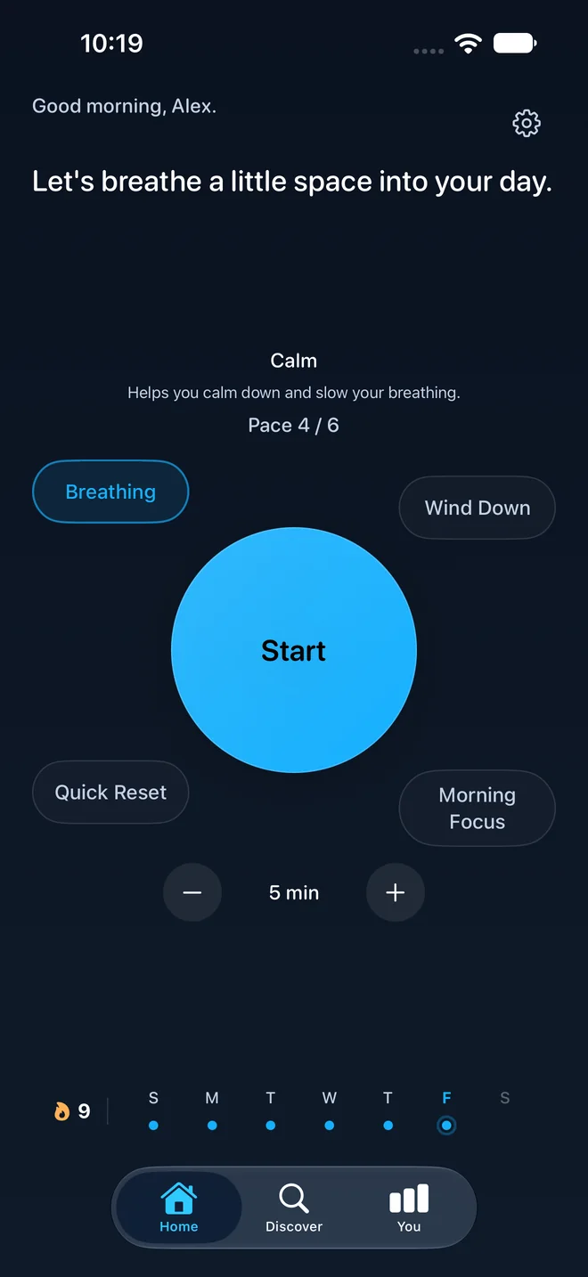 The Home screen with a large Start button for the Calm pattern, quick picks for Wind Down, Quick Reset, and Morning Focus, and a five-minute selector