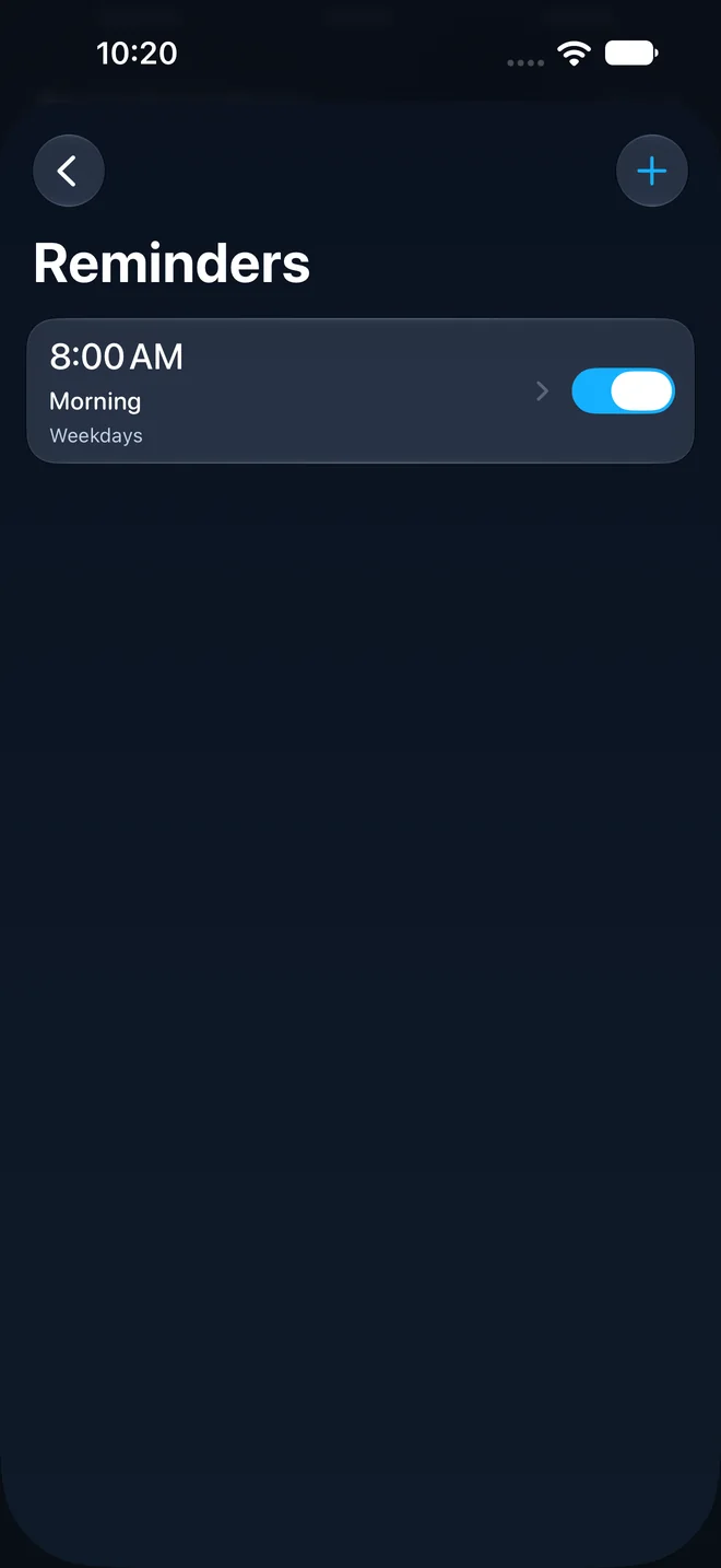 The Reminders screen with a weekday morning reminder at 8:00 AM