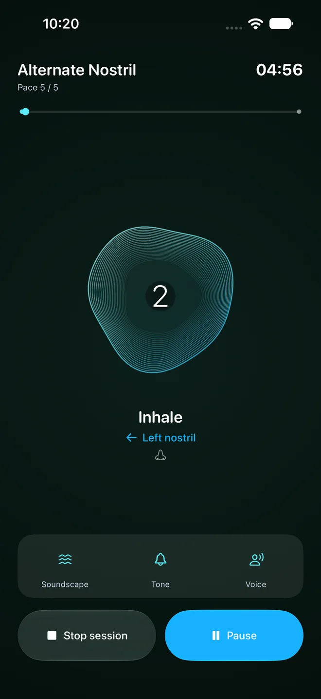 The Inner Tempo session screen for Alternate Nostril: the Lumen breathing animation with a countdown, the Inhale cue for the left nostril, and soundscape, tone, and voice controls