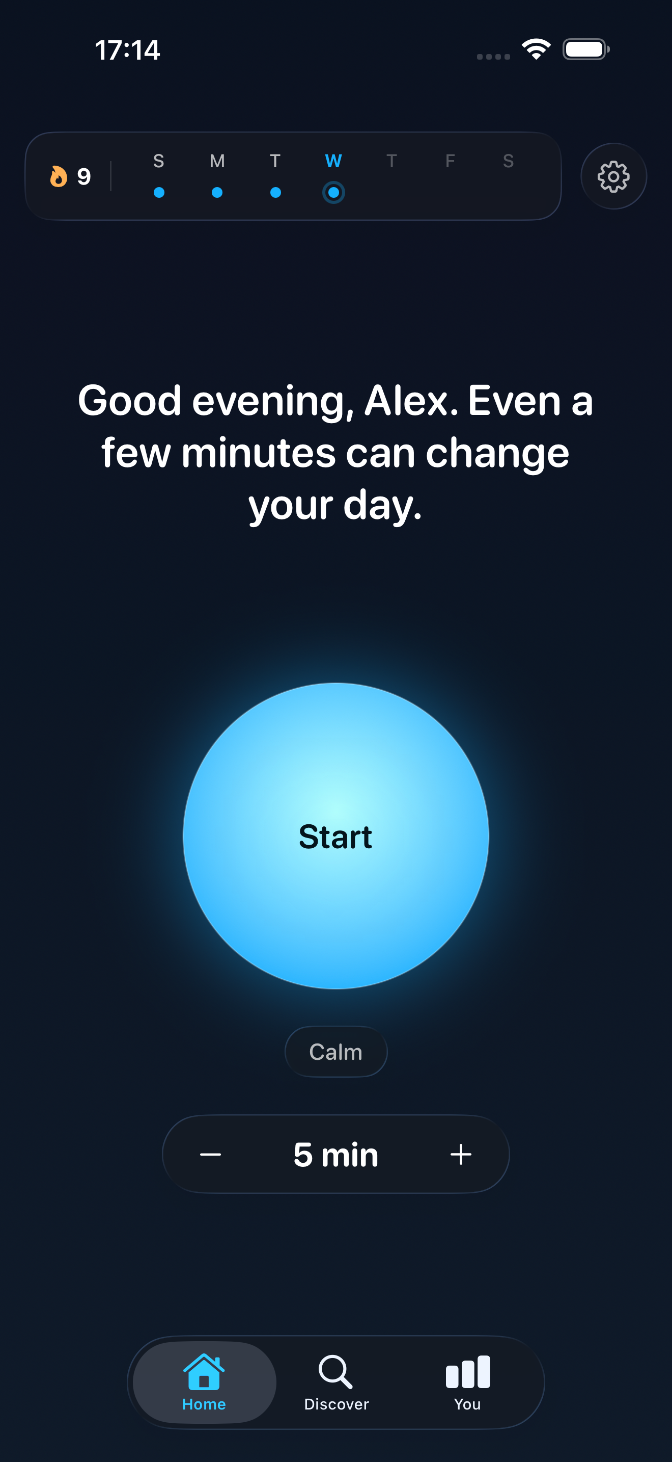 Home screen with a large Start orb, a greeting, the Calm pattern, and a five minute selector