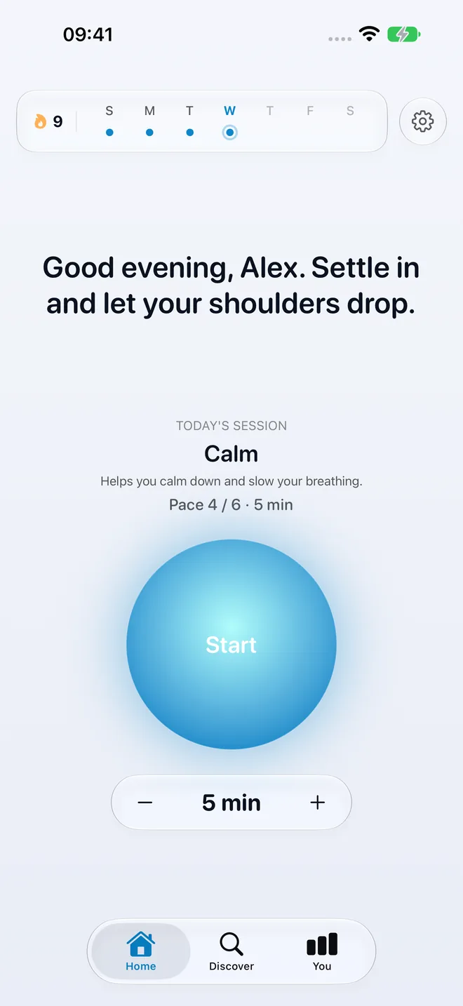 Home screen with a large Start orb, a greeting, the Calm pattern, and a five-minute selector