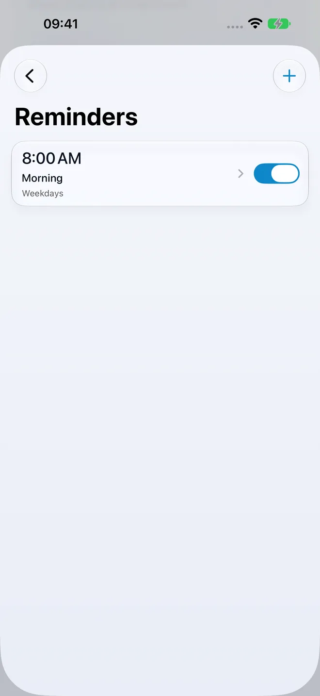 The reminders screen for scheduling a daily breathing nudge