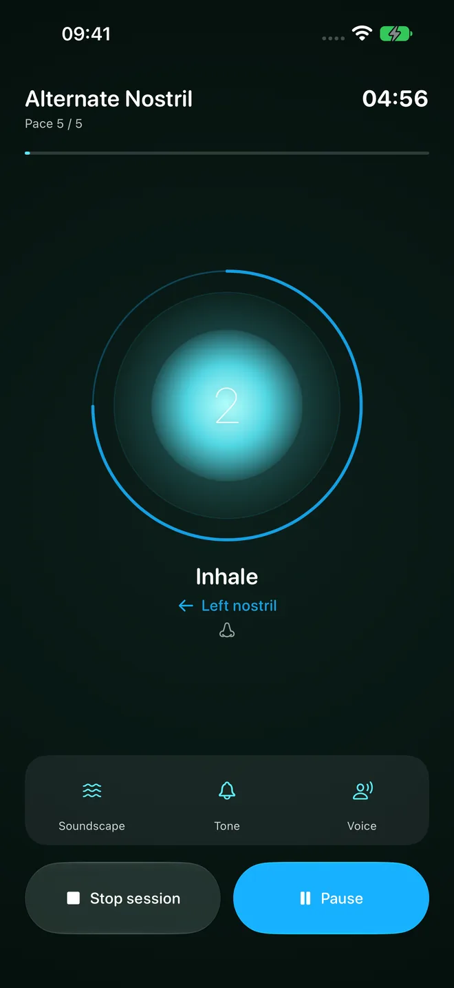 The Inner Tempo session screen: a bright cyan orb mid-breath with the label Inhale, a phase count, and a timer showing four minutes and fifty-seven seconds