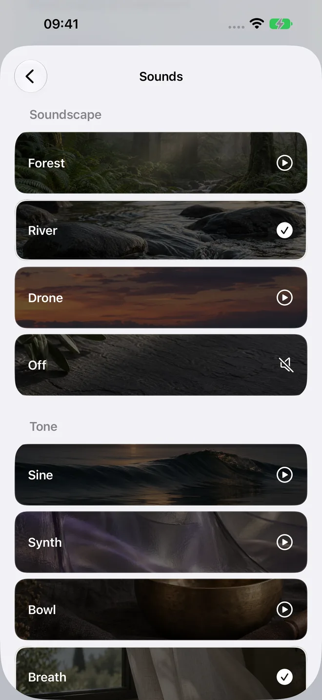 The Sounds settings screen for choosing a soundscape and voice