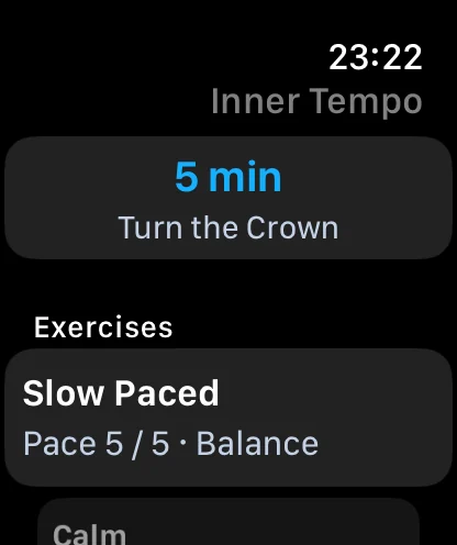 The Inner Tempo home screen on Apple Watch, with the duration crown and a list of patterns