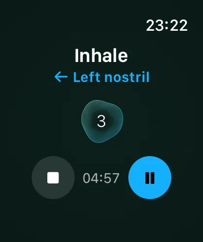 Inner Tempo on Apple Watch during a session, showing the breathing orb, the Inhale label, and a stop button